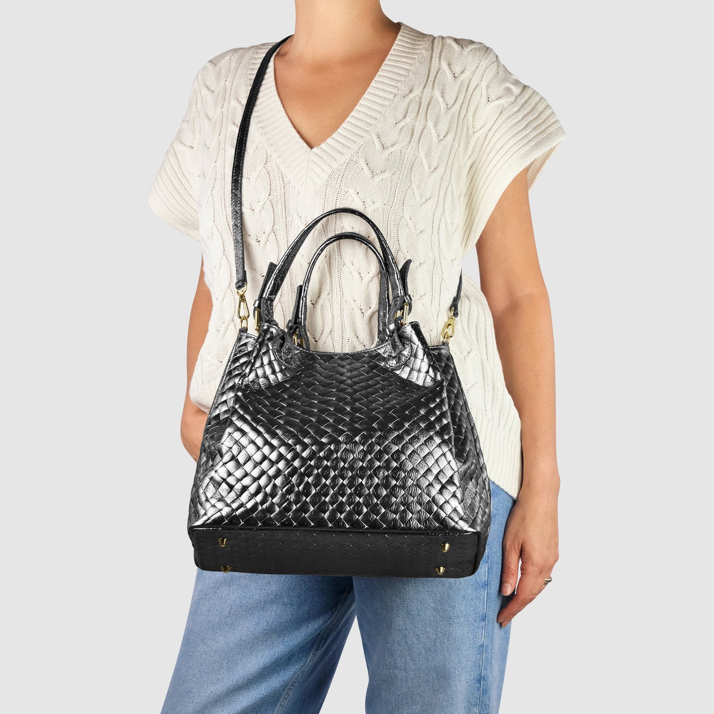 Italian Genuine Weave Metallic Suede Top-Handle Bag 112615 TAKEASY