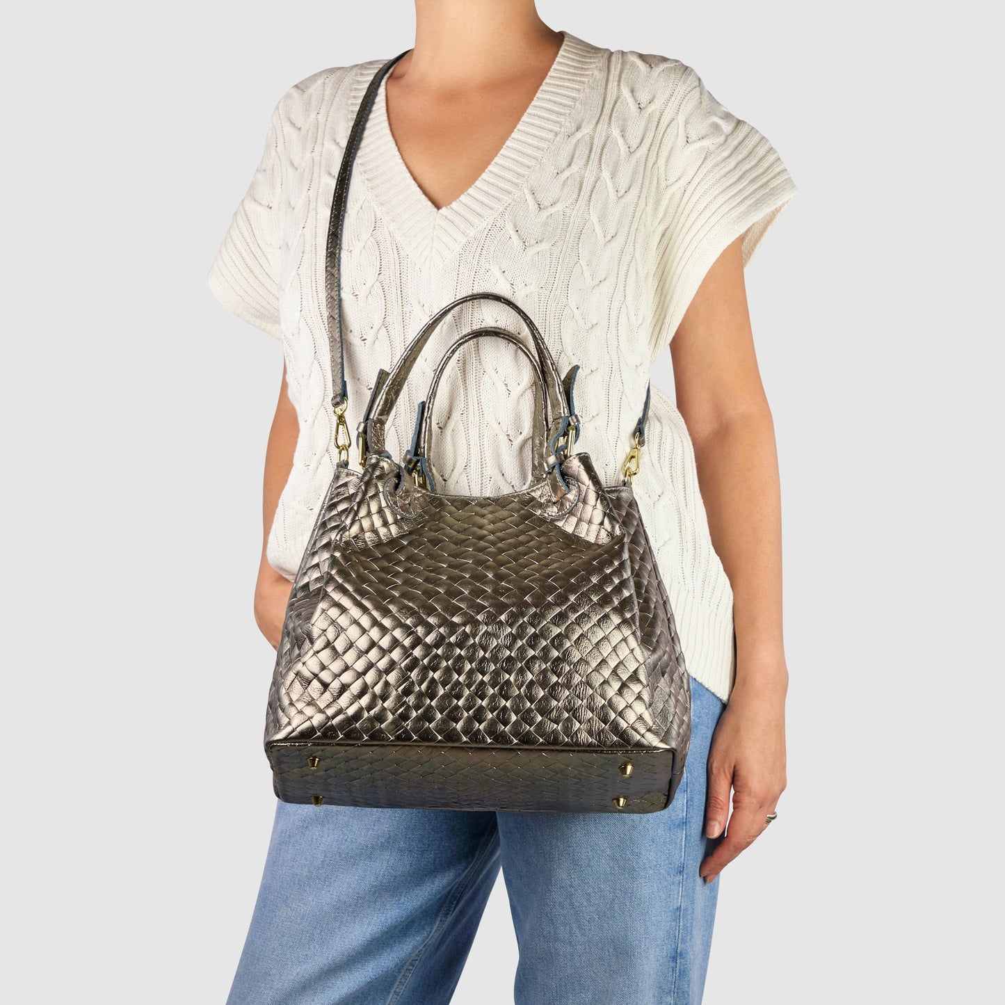 Italian Genuine Weave Metallic Suede Top-Handle Bag 112615 TAKEASY