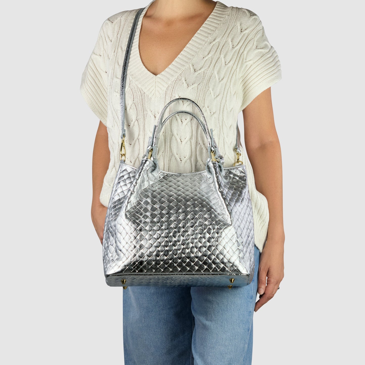 Italian Genuine Weave Metallic Suede Top-Handle Bag 112615 TAKEASY