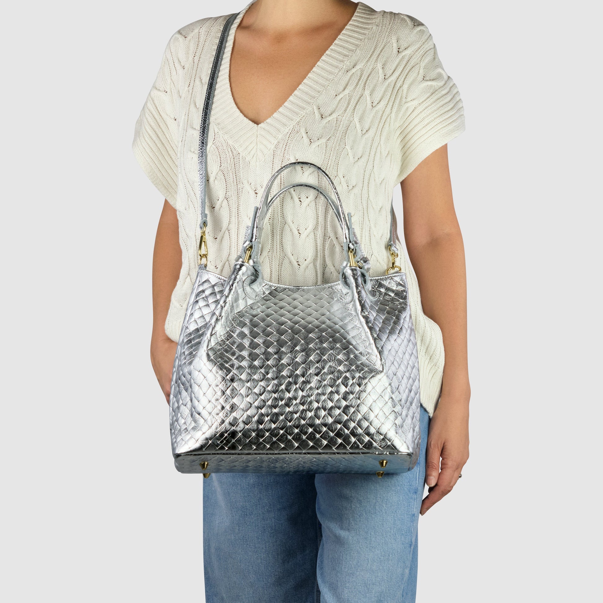 Italian Genuine Weave Metallic Suede Top-Handle Bag 112615 TAKEASY