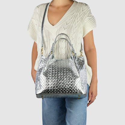 Italian Genuine Weave Metallic Suede Top-Handle Bag 112615 TAKEASY