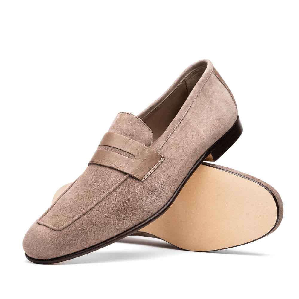 16-672-TPE Tippa Suede & Calfskin Penny Loafers Taupe Zelli Italia