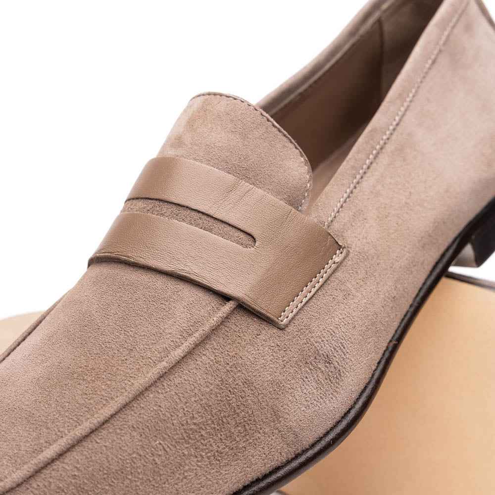 16-672-TPE Tippa Suede & Calfskin Penny Loafers Taupe Zelli Italia