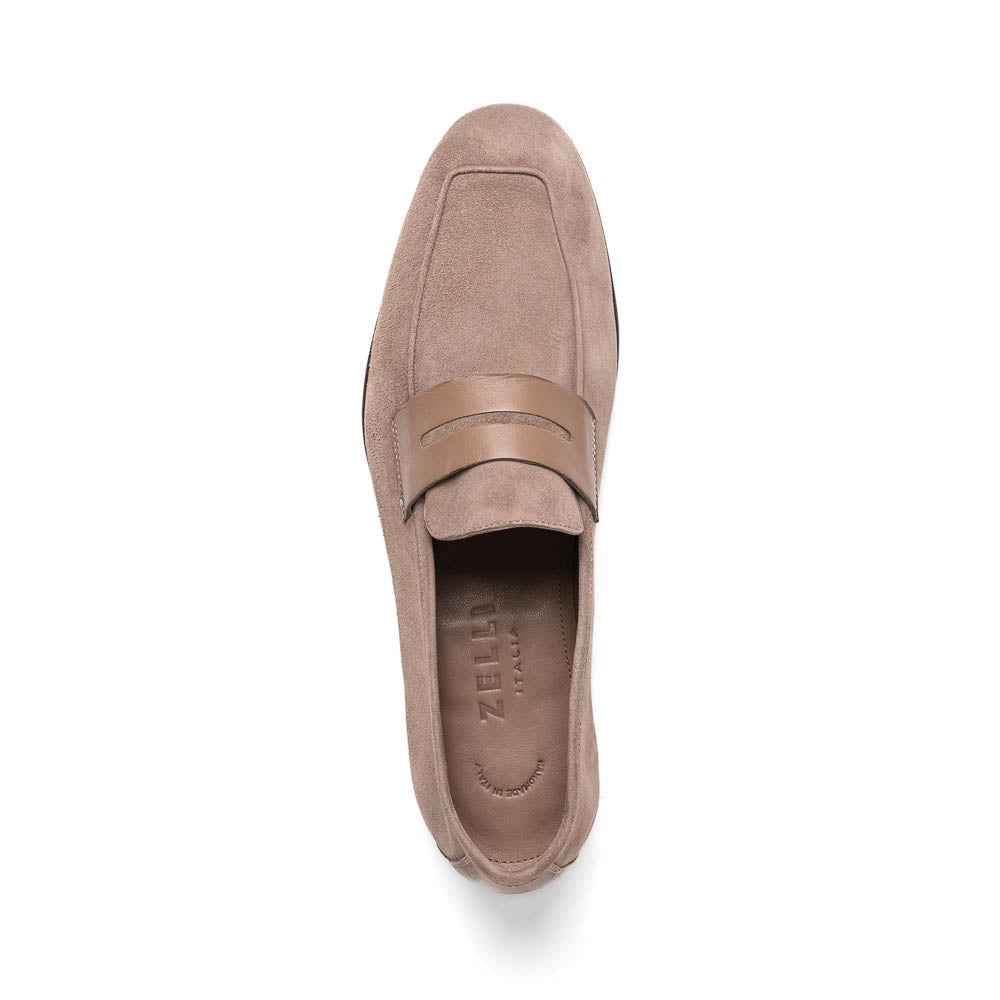 16-672-TPE Tippa Suede & Calfskin Penny Loafers Taupe Zelli Italia