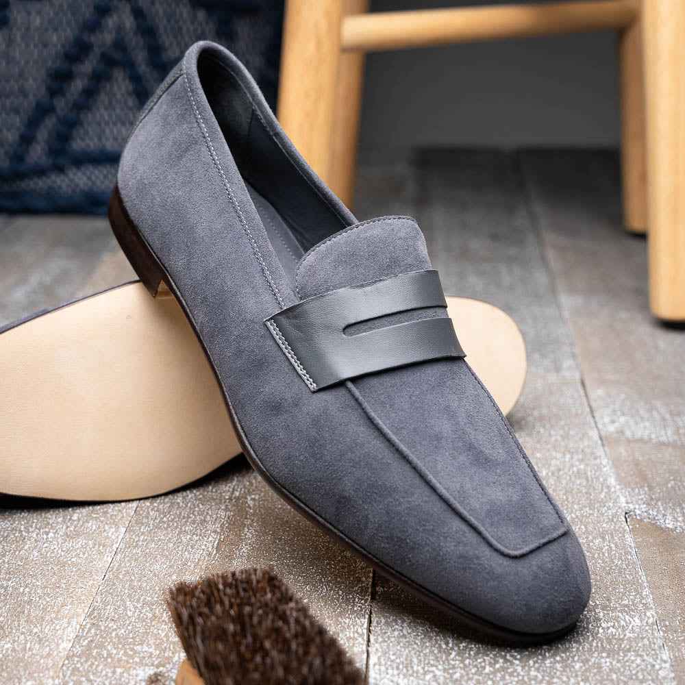 16-672-GRY Tippa Suede & Calfskin Penny Loafers Grey Zelli Italia