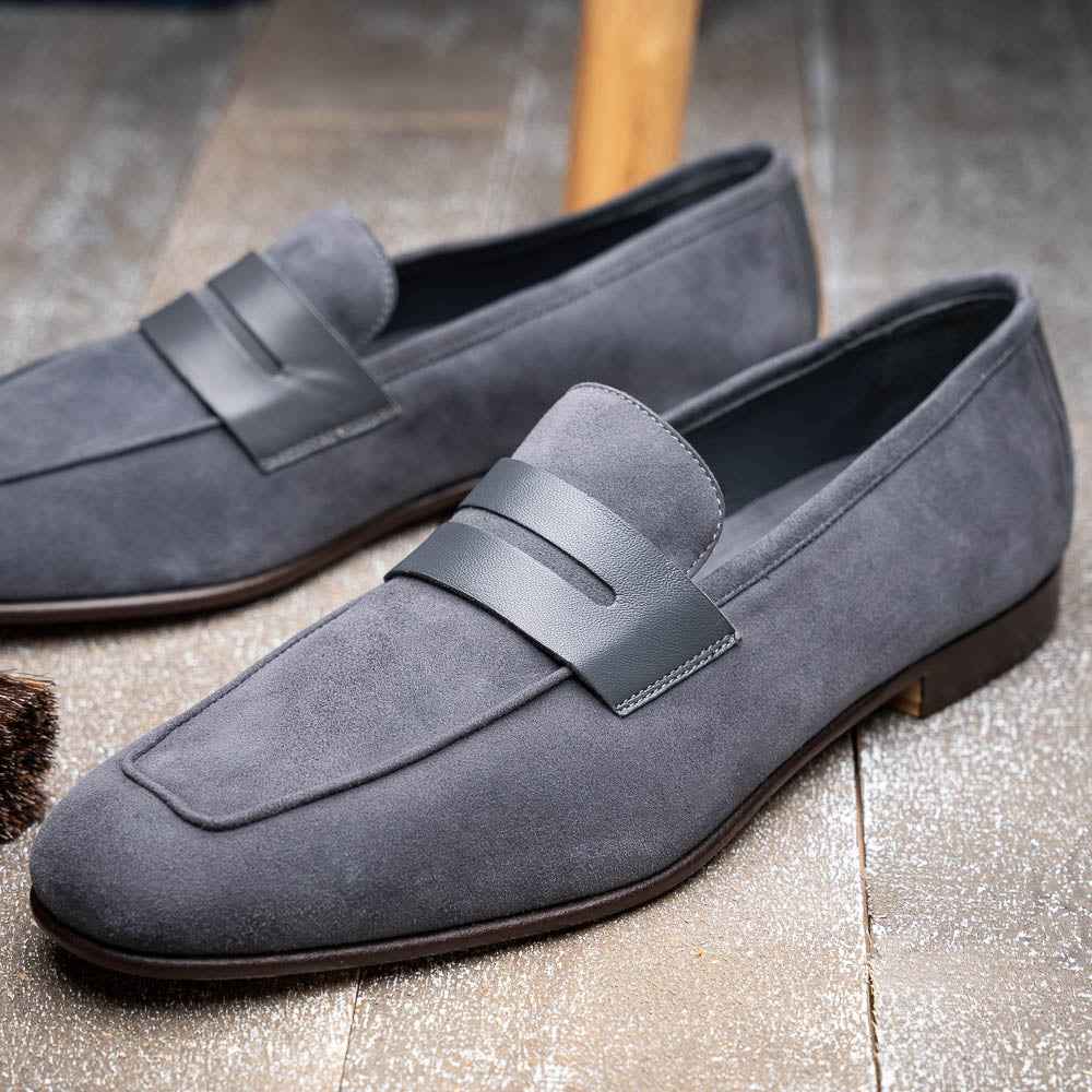 16-672-GRY Tippa Suede & Calfskin Penny Loafers Grey Zelli Italia