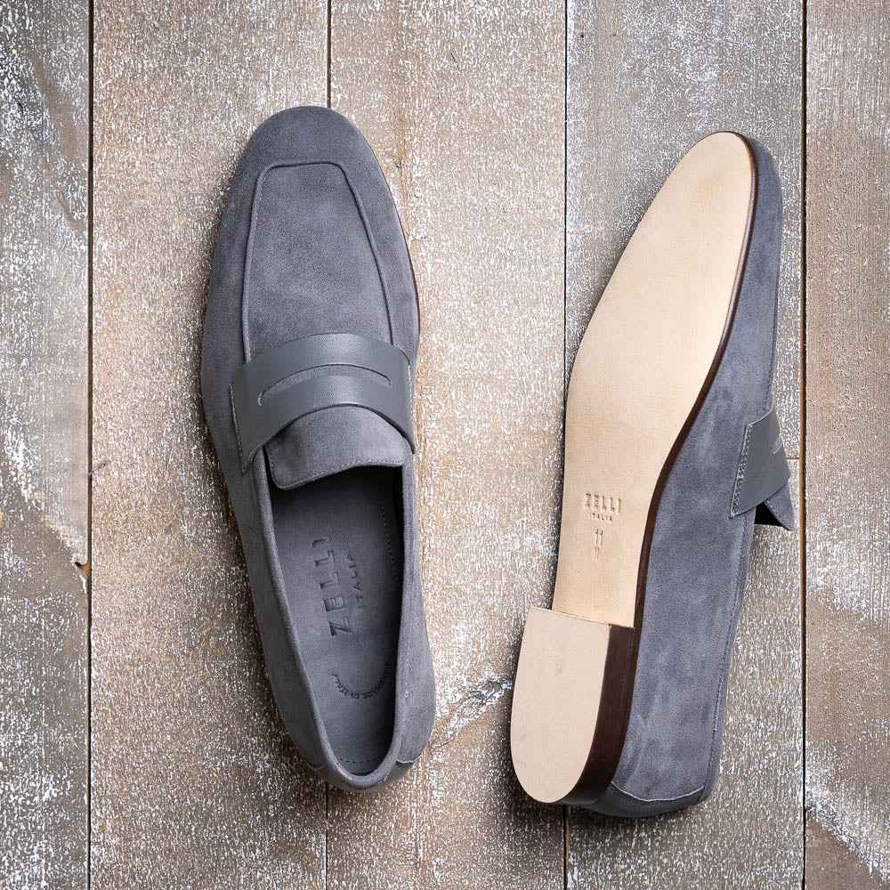 16-672-GRY Tippa Suede & Calfskin Penny Loafers Grey Zelli Italia