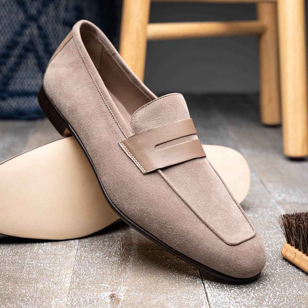 16-672-TPE Tippa Suede & Calfskin Penny Loafers Taupe Zelli Italia