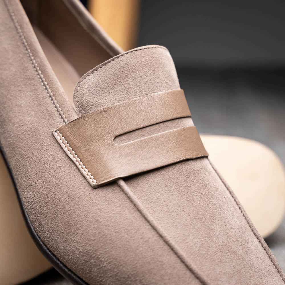 16-672-TPE Tippa Suede & Calfskin Penny Loafers Taupe Zelli Italia