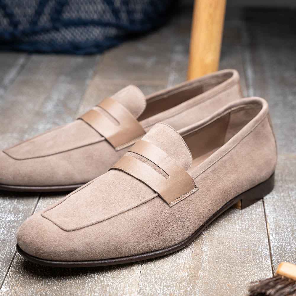 16-672-TPE Tippa Suede & Calfskin Penny Loafers Taupe Zelli Italia