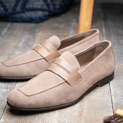 16-672-TPE Tippa Suede & Calfskin Penny Loafers Taupe Zelli Italia