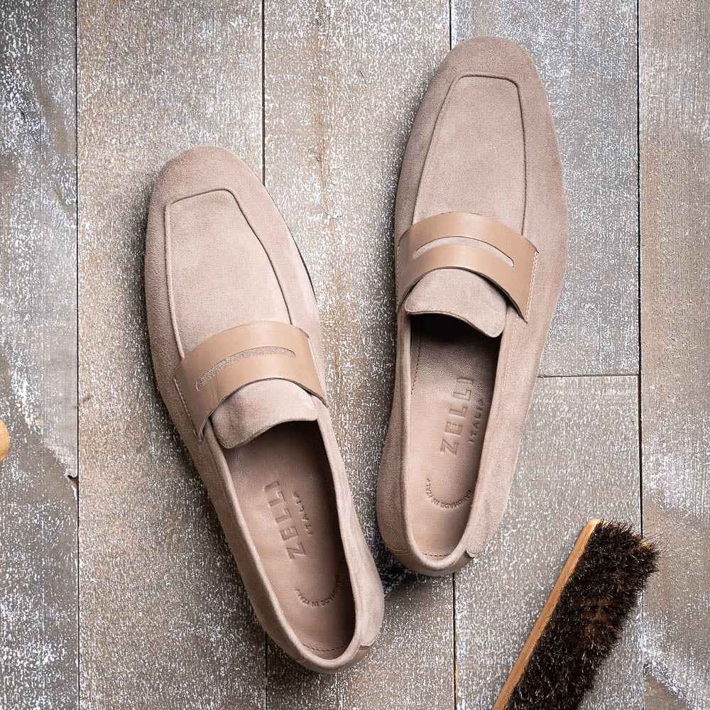 16-672-TPE Tippa Suede & Calfskin Penny Loafers Taupe Zelli Italia