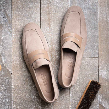16-672-TPE Tippa Suede & Calfskin Penny Loafers Taupe Zelli Italia