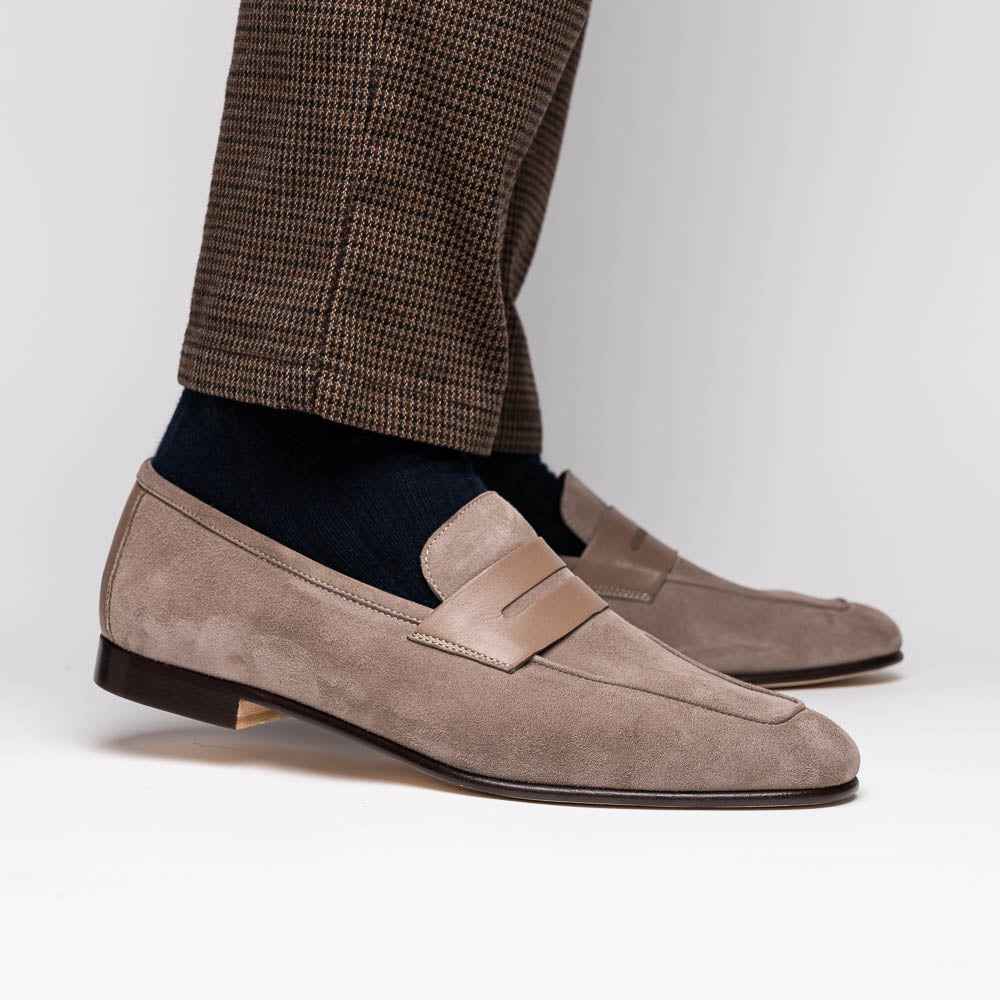 16-672-TPE Tippa Suede & Calfskin Penny Loafers Taupe Zelli Italia