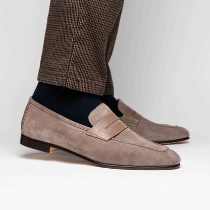 16-672-TPE Tippa Suede & Calfskin Penny Loafers Taupe Zelli Italia