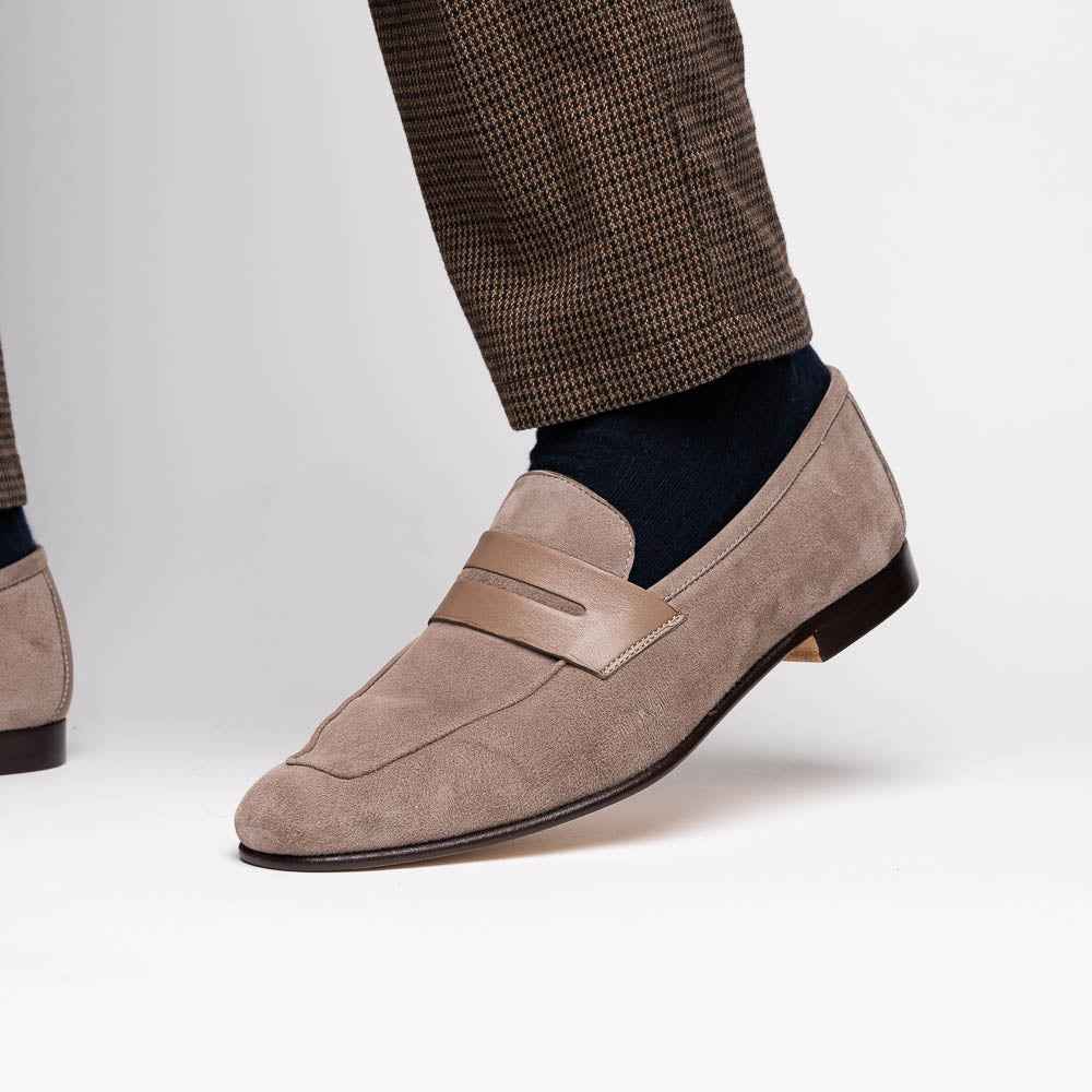 16-672-TPE Tippa Suede & Calfskin Penny Loafers Taupe Zelli Italia