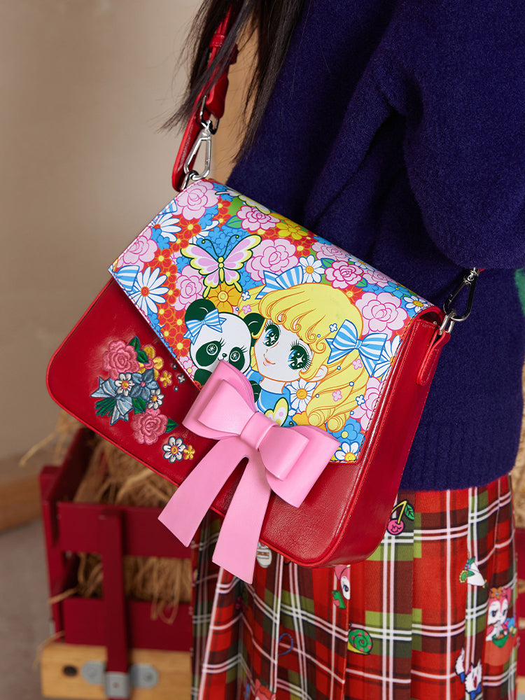 Red Floral Anime Bow Crossbody Bag - Wolvess