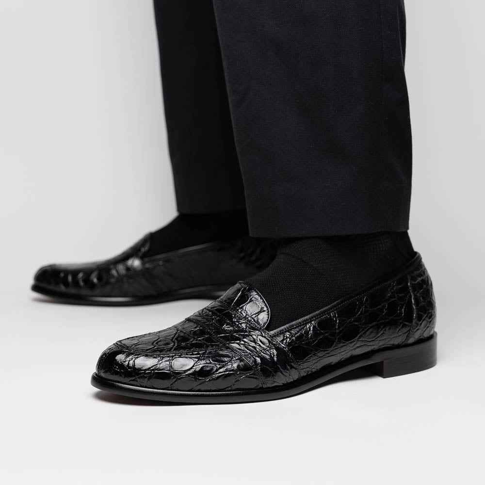 11-119-BKM (BLK) TUSCANY Crocodile Penny Loafer, Black Zelli Italia