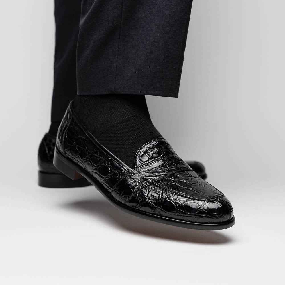 11-119-BKM (BLK) TUSCANY Crocodile Penny Loafer, Black Zelli Italia