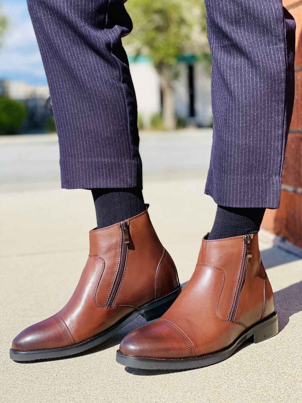 CALTO - S28002 - 2.8 Inches Taller (Dark Brown) - Lightweight - Zipper Boots Tallmenshoes.com