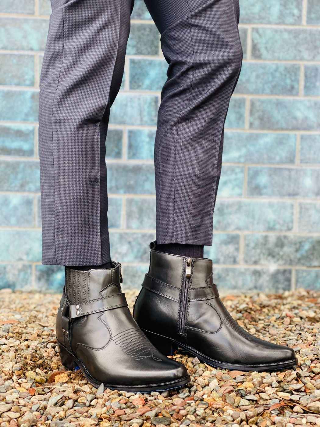 CALTO - T8112 - 3.3 Inches Taller (Black) - Zipper Boots Tallmenshoes.com