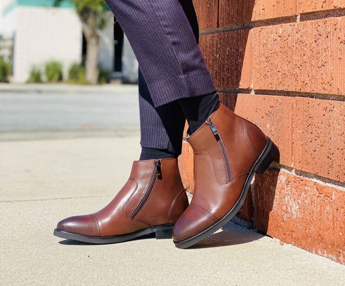 CALTO - S28002 - 2.8 Inches Taller (Dark Brown) - Lightweight - Zipper Boots Tallmenshoes.com