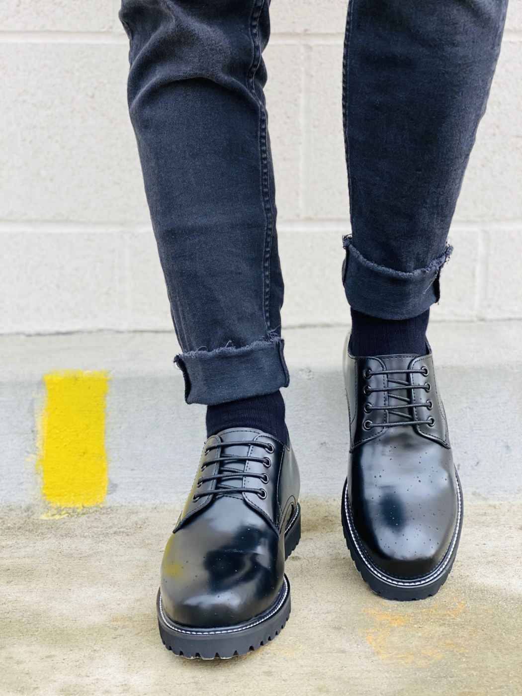 CALTO S9118 - 3" Taller Black Leather Elevator Work Shoes Tallmenshoes.com