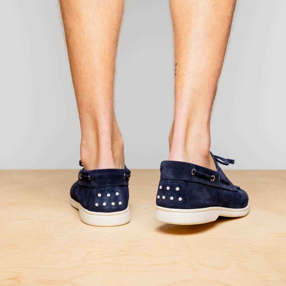16-675-NVY VENICE Italian Sueded Goatskin Boat Shoes, Navy