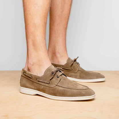 16-675-TPE VENICE Italian Sueded Goatskin Boat Shoes, Taupe Zelli Italia