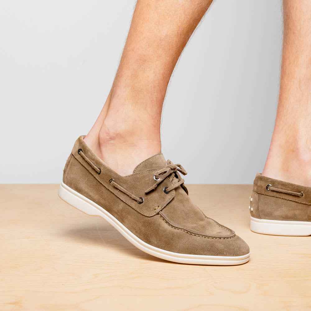16-675-TPE VENICE Italian Sueded Goatskin Boat Shoes, Taupe Zelli Italia