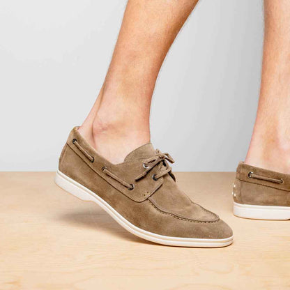 16-675-TPE VENICE Italian Sueded Goatskin Boat Shoes, Taupe Zelli Italia