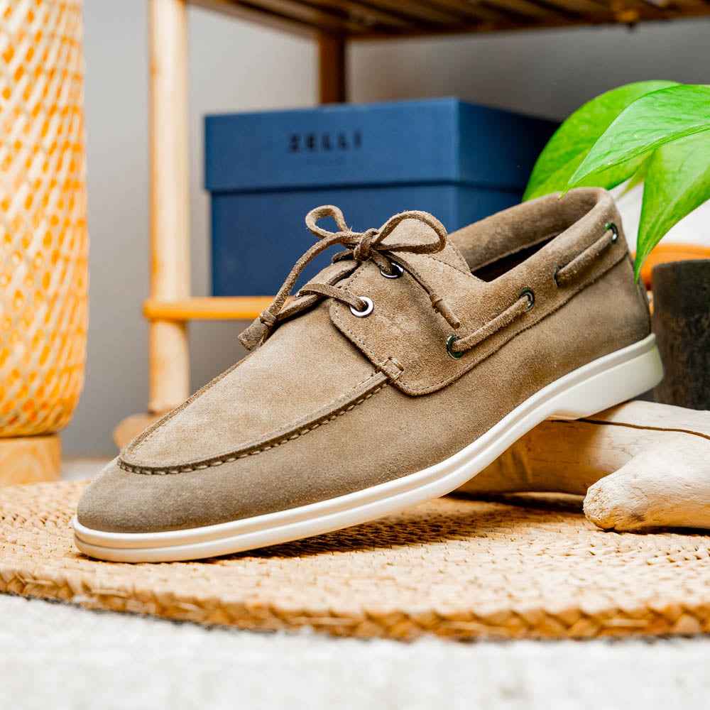 16-675-TPE VENICE Italian Sueded Goatskin Boat Shoes, Taupe Zelli Italia