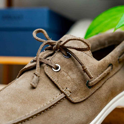 16-675-TPE VENICE Italian Sueded Goatskin Boat Shoes, Taupe Zelli Italia