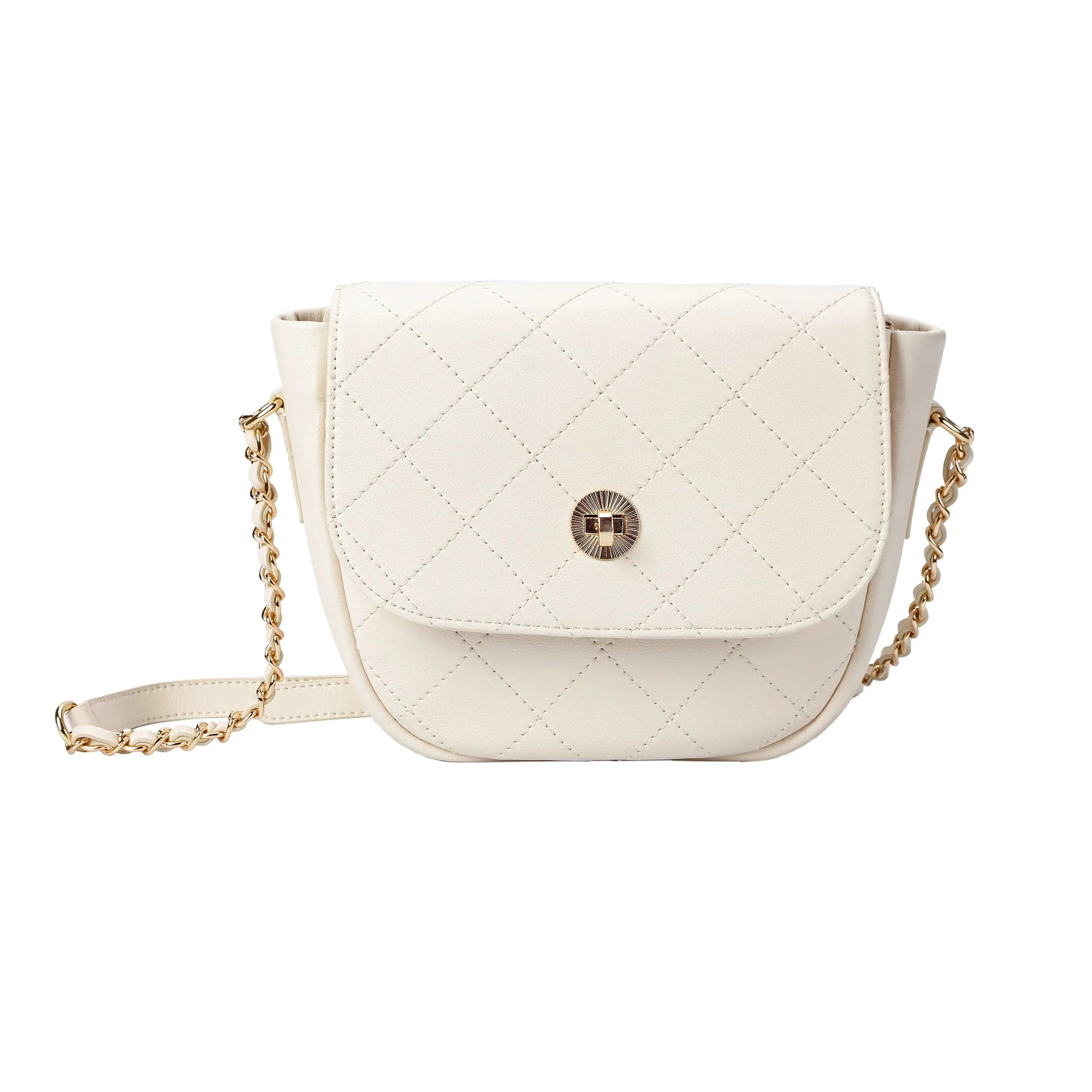White Quilted Leather Crossbody Bag with Gold Chain Strap MiamiLeathers.com