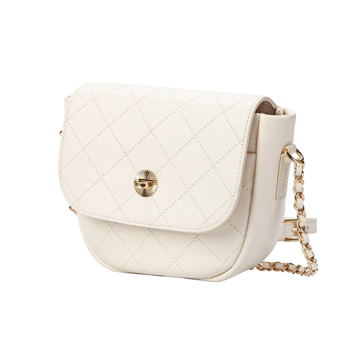 White Quilted Leather Crossbody Bag with Gold Chain Strap MiamiLeathers.com